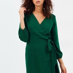 J. Crew Green Wrap Sheath Dress with Bishop Sleeves